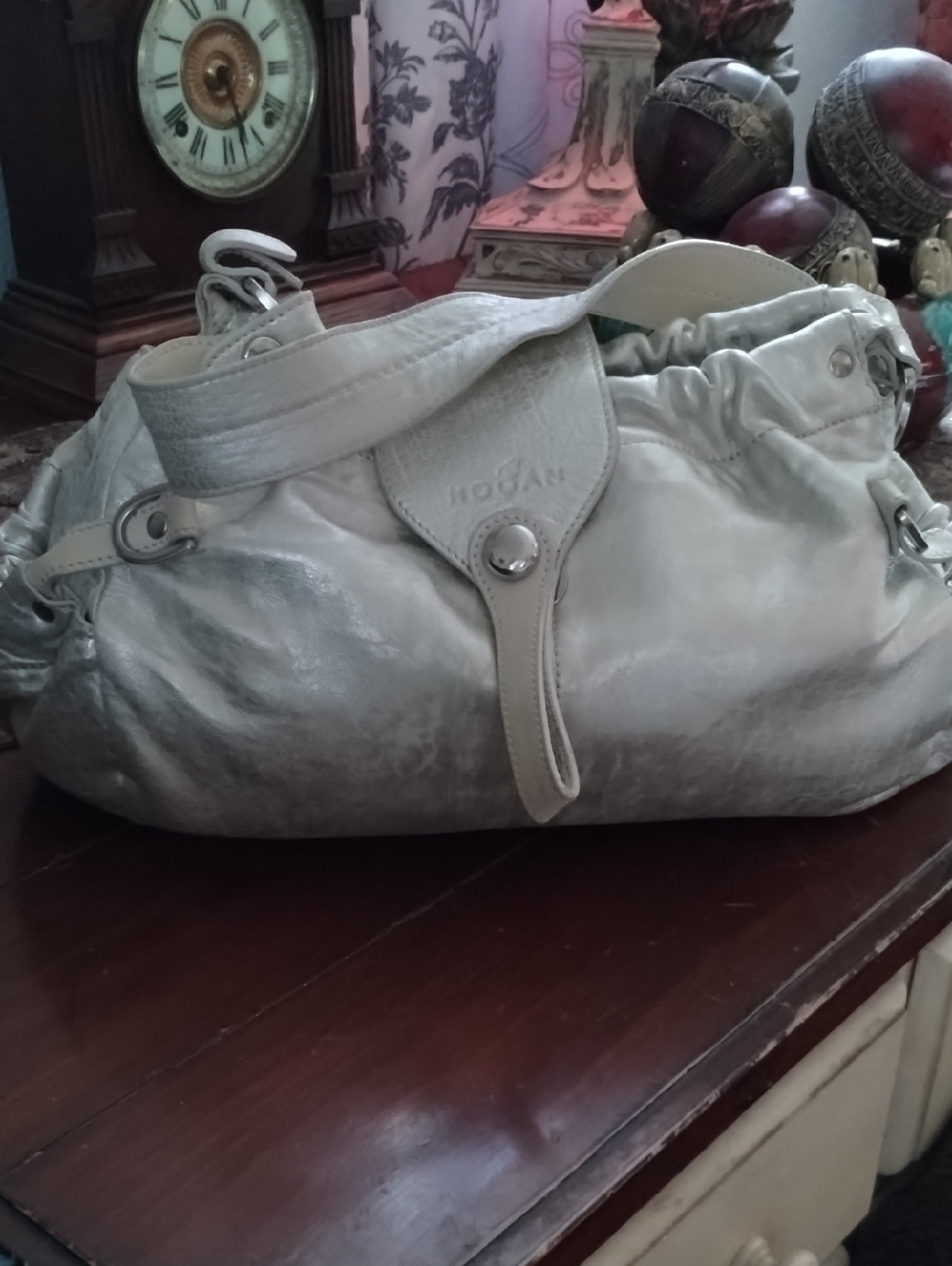 Hogan Silver/Cream Metallic Leather Shoulder Bag